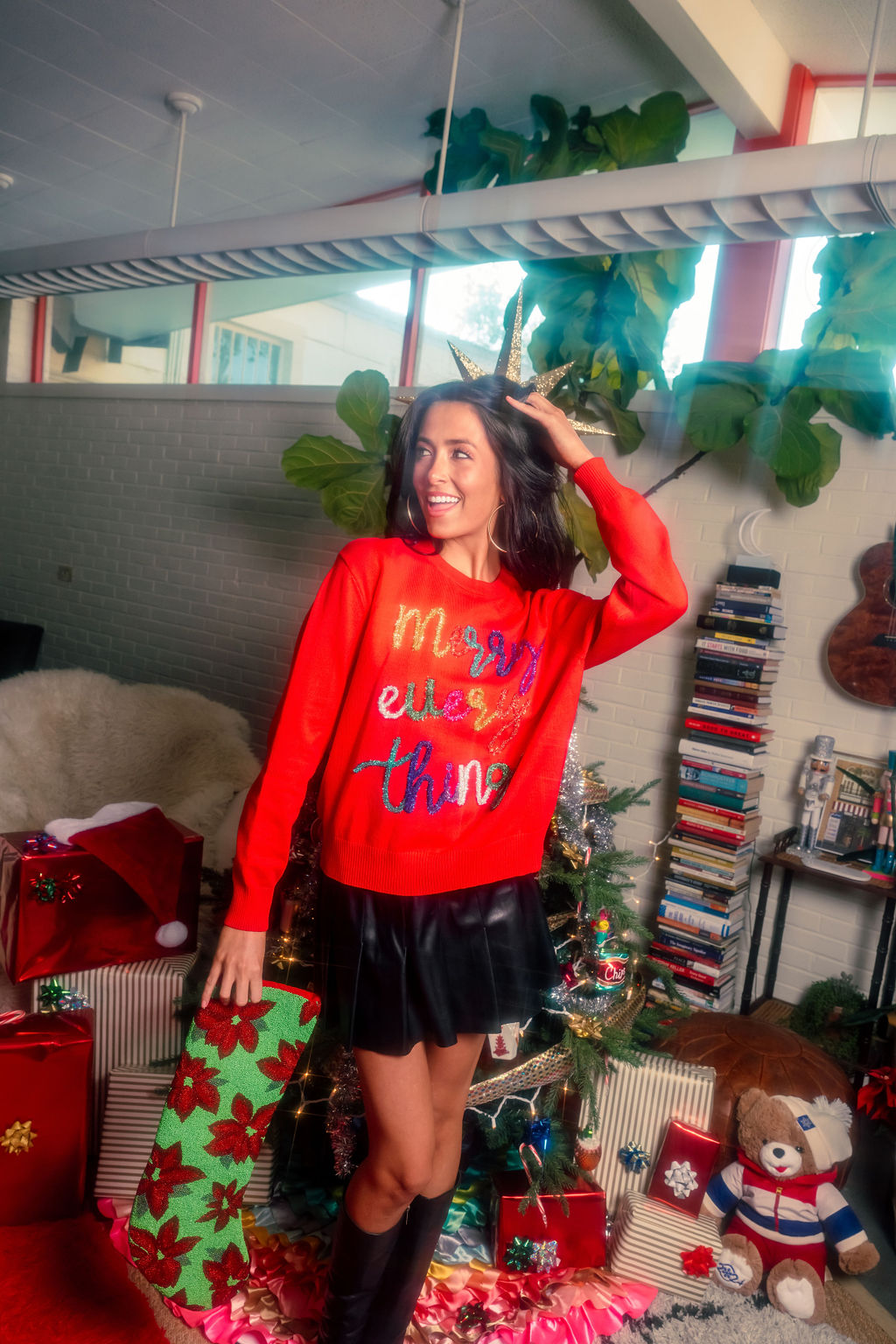 Red Merry Everything Glitter Script Sweater