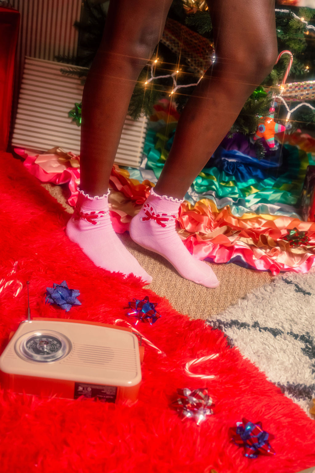 Pink Candy Cane Bow Socks