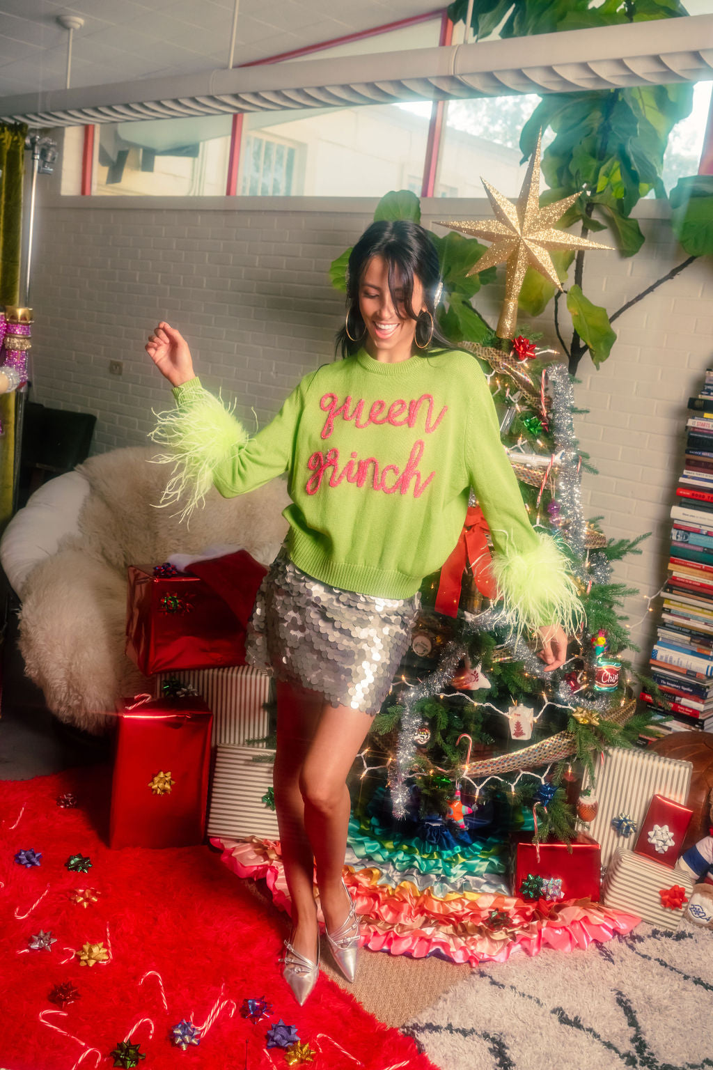 Green Queen Grinch Feather Sleeve Sweater