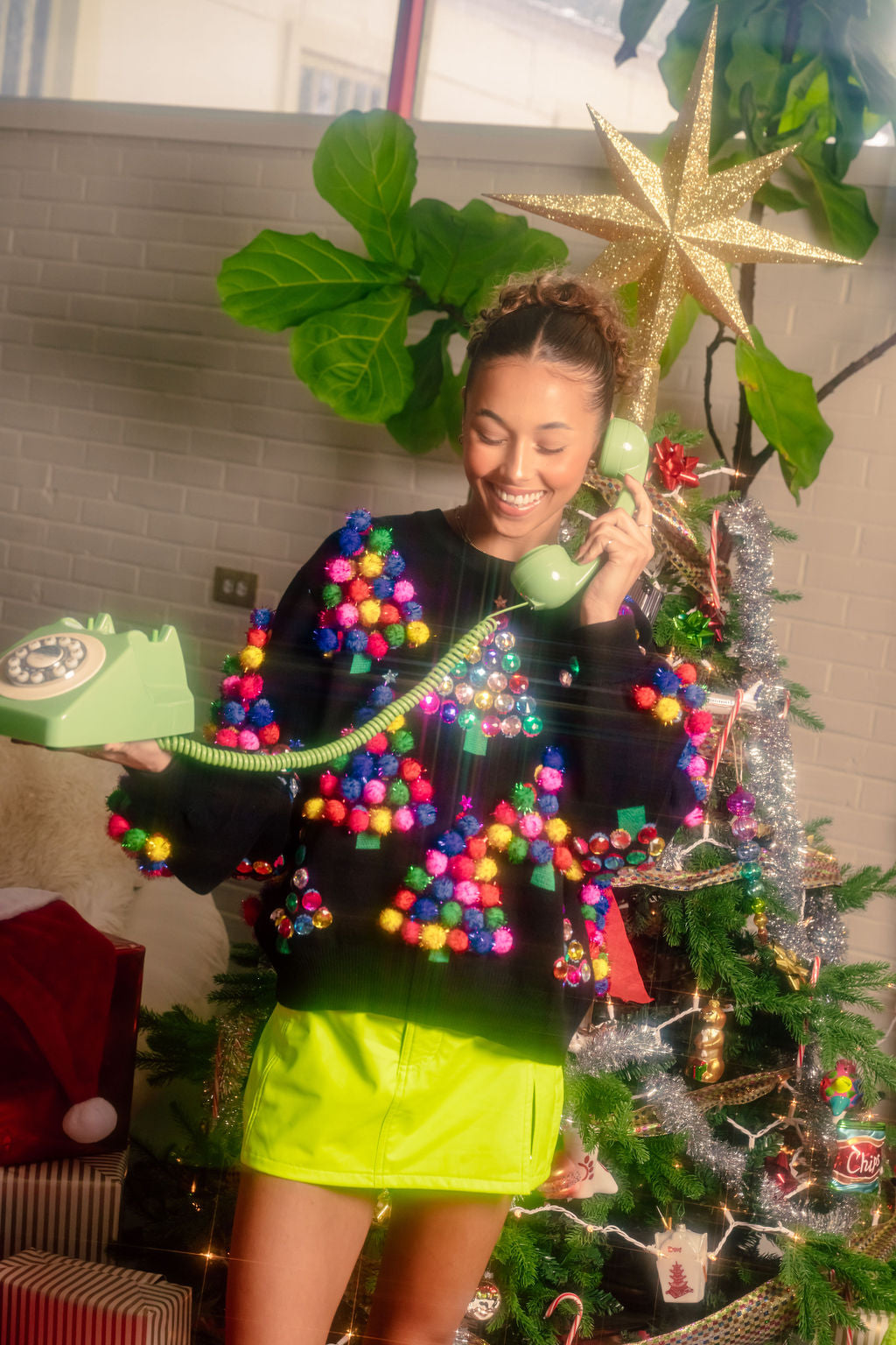 Black Multi Pom Pom & Jeweled Christmas Trees Sweater