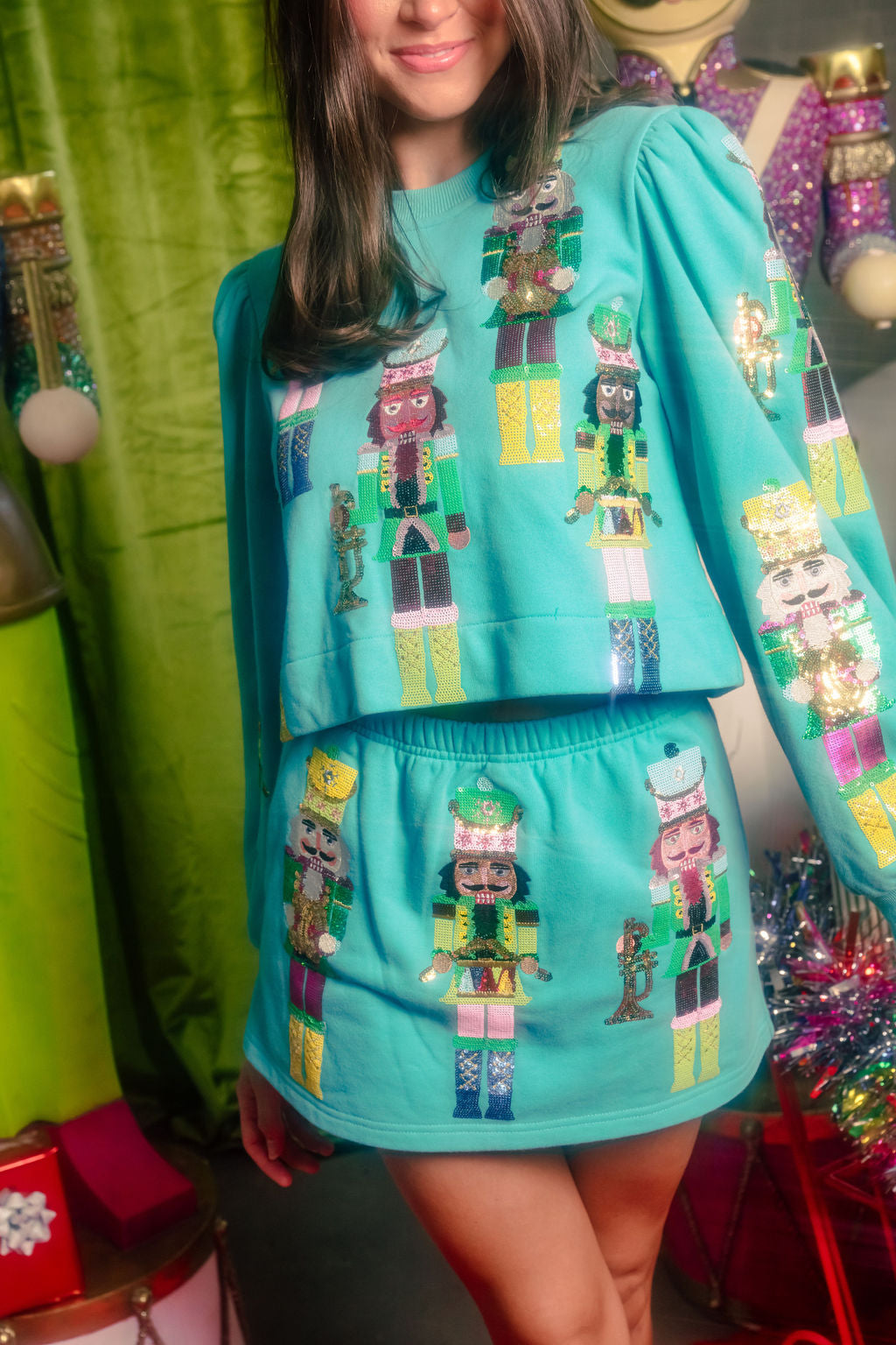 Teal Nutcracker Band Poof Sleeve Sweatshirt