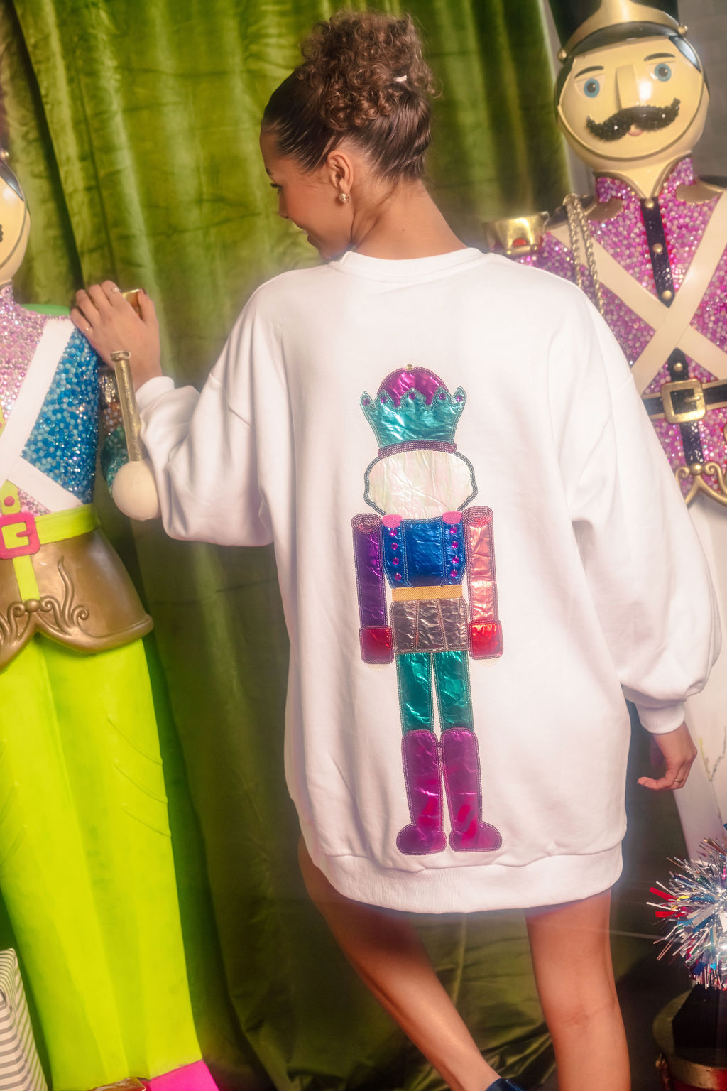 White Sweatshirt Dress with Multi Nutcracker