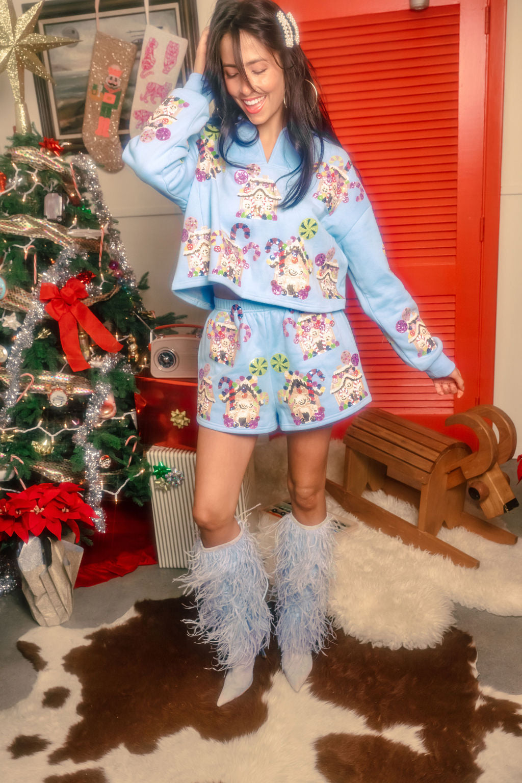 Light Blue Gingerbread Houses Shorts