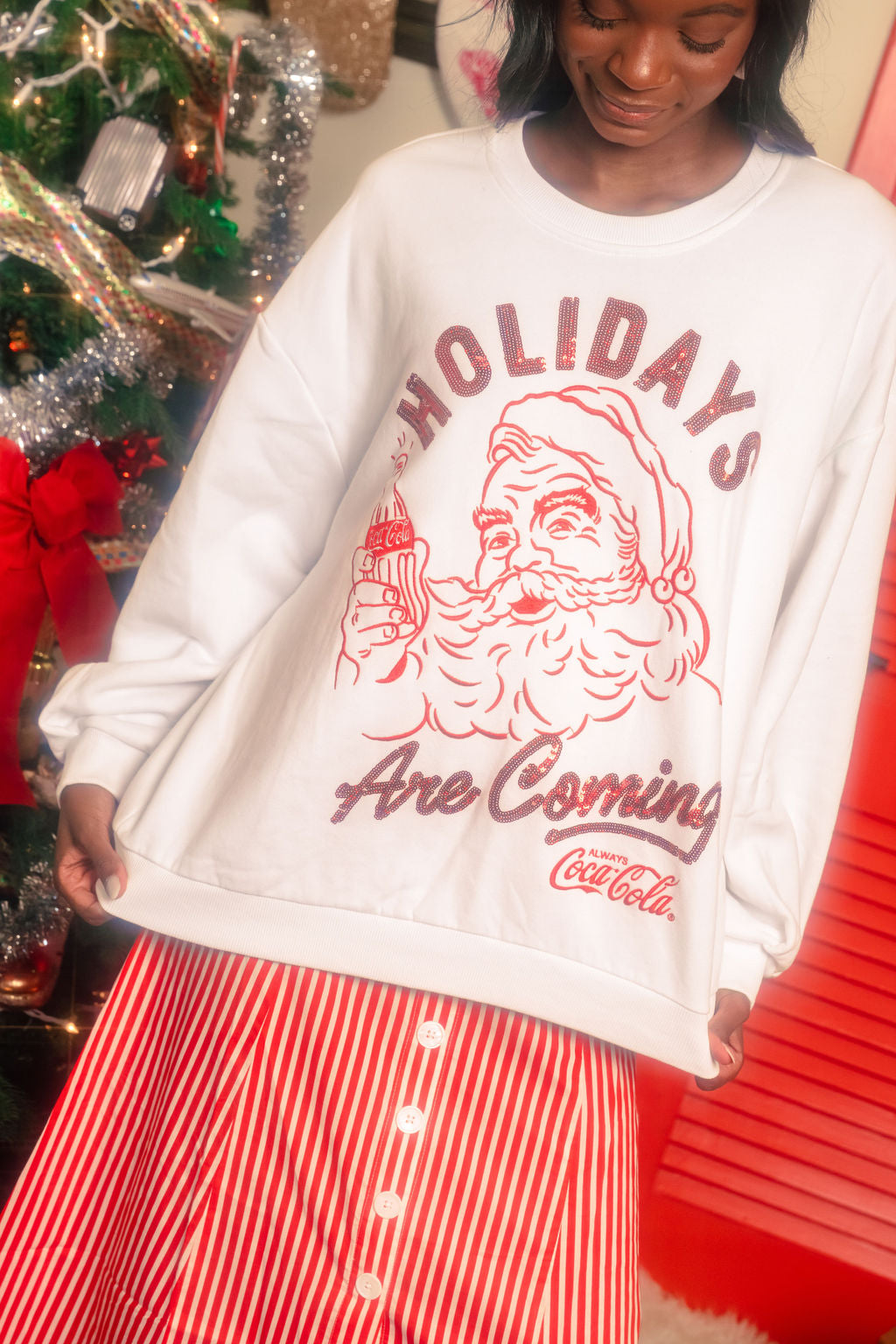 Licensed- White & Red 'Holidays Are Coming' Santa Coca-Cola Sweatshirt