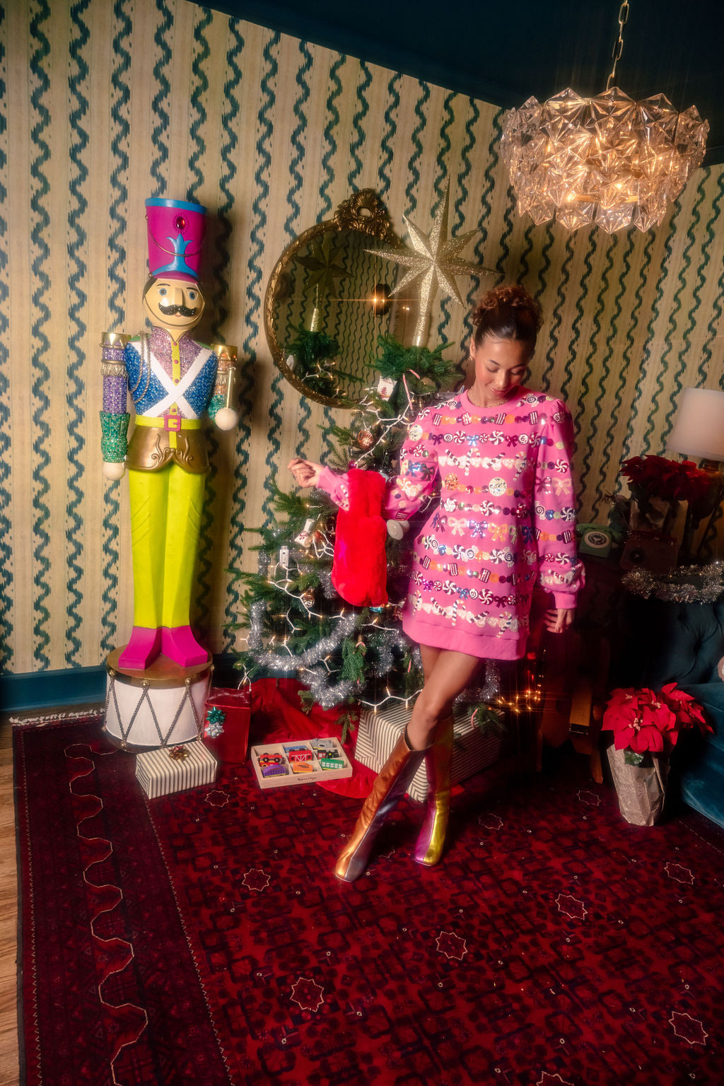 Hot Pink Candy Garland Poof Sleeve Sweatshirt Dress