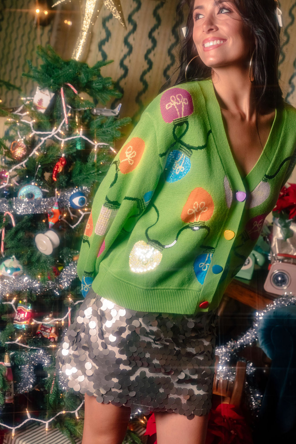 Green Multi Christmas Light Button Up Cardigan