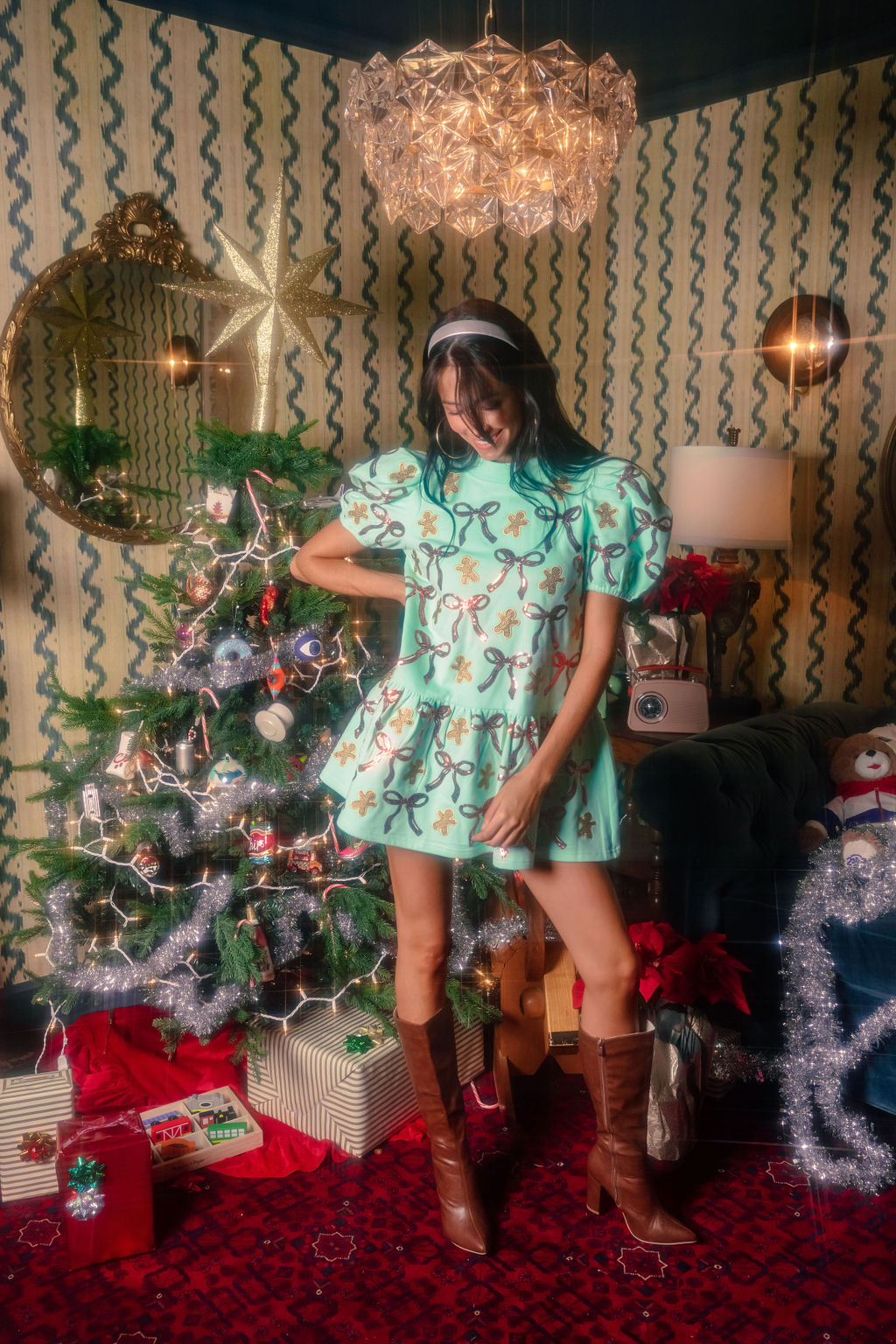 Mint Green Gingerbread Men & Bows Dress