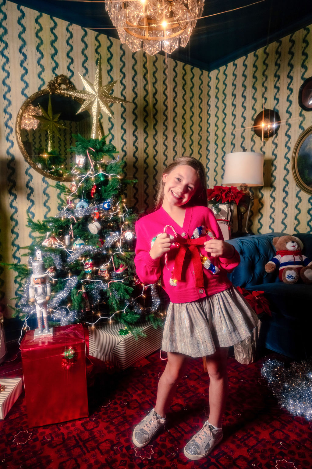 Kids Pink Cardigan With Candy Cane and Bow