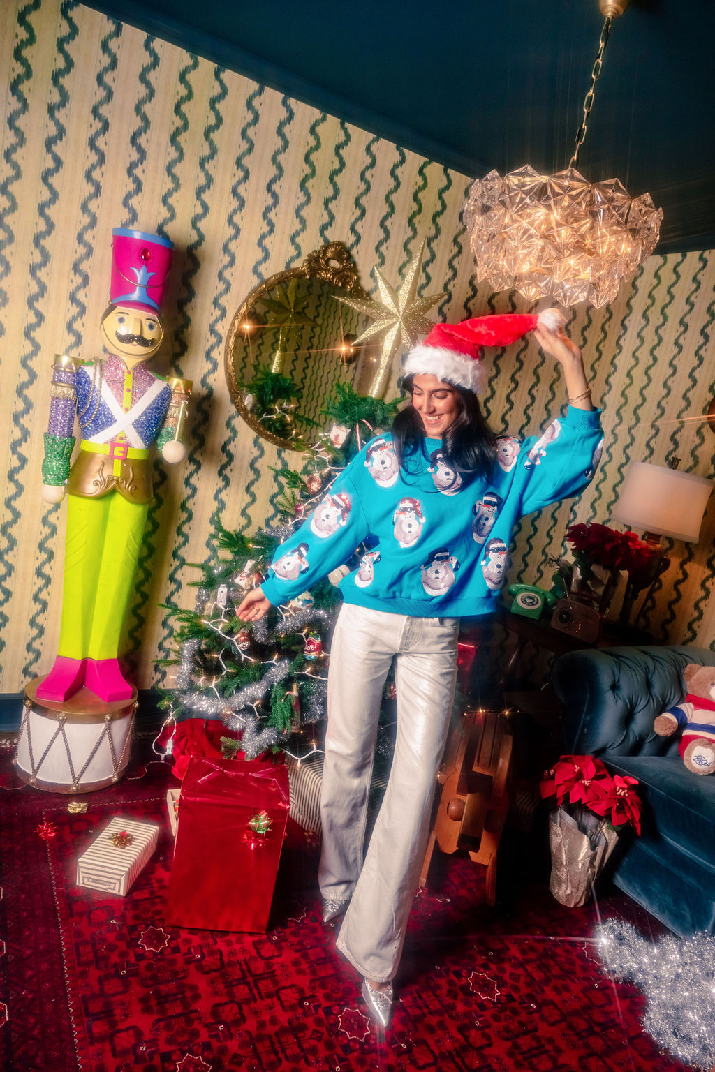 Aqua Blue Santa Hat Snowman In Flamingo Float Sweatshirt