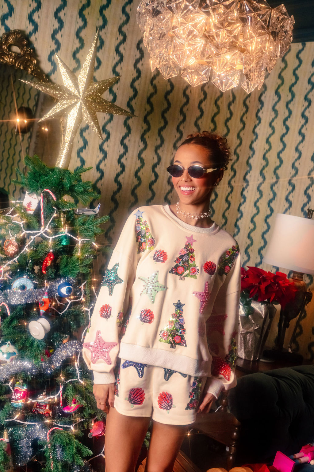 Beige Multi Shell & Christmas Tree Sweatshirt