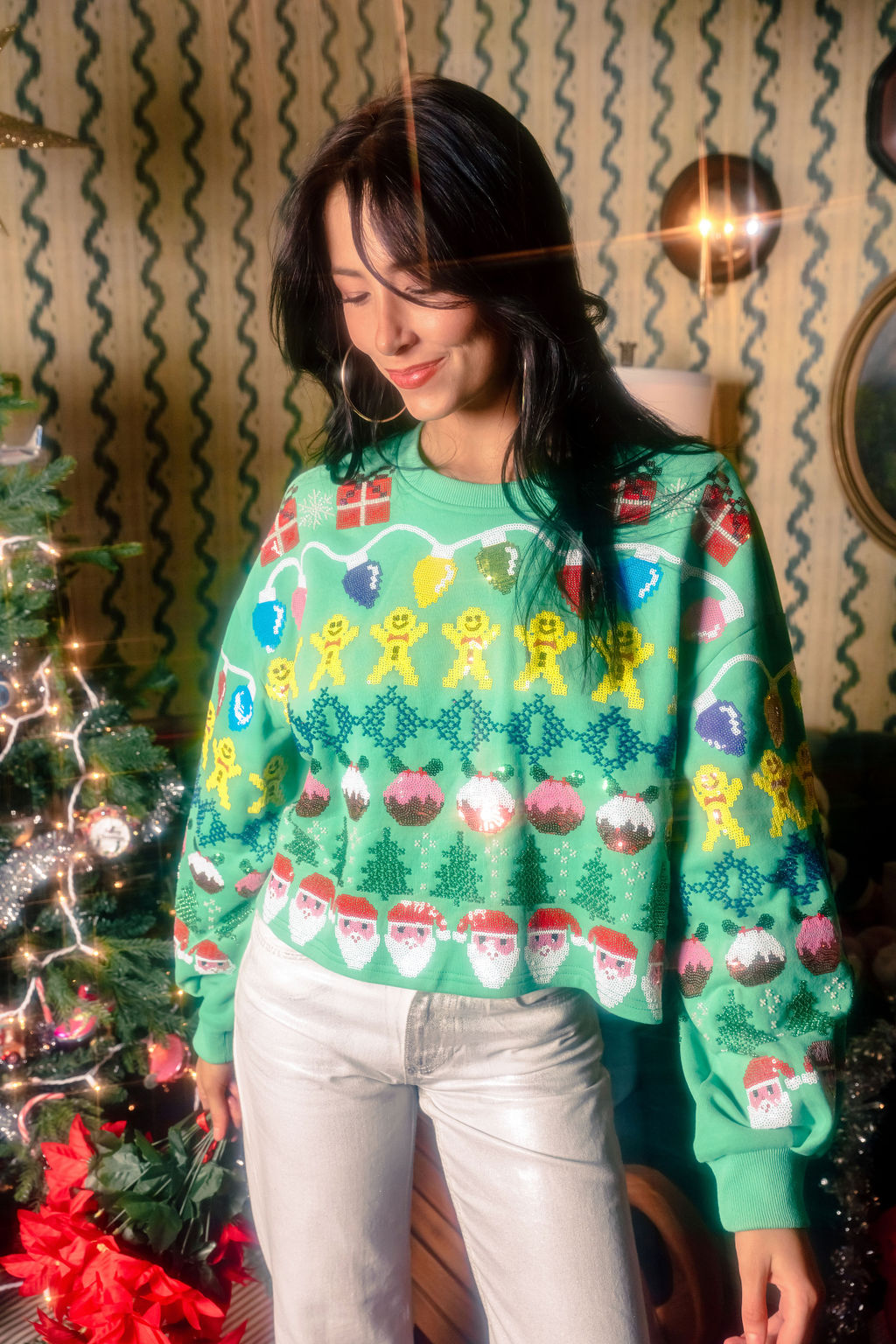 Green Needlepoint Christmas Icons Sweatshirt