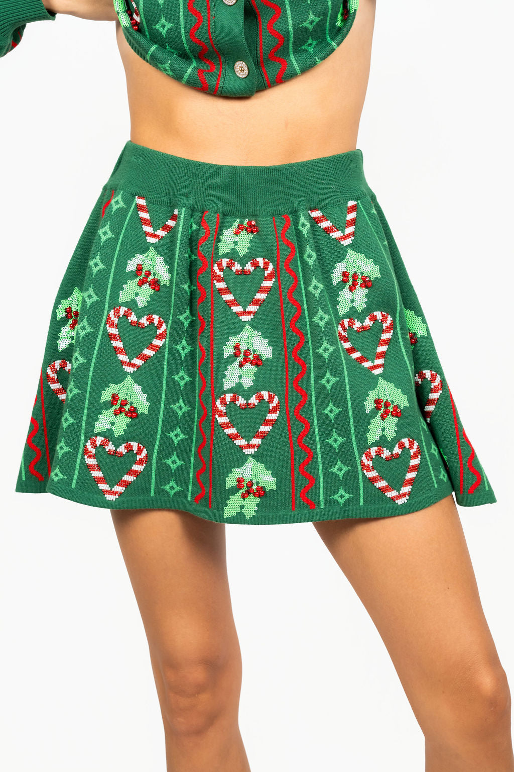 Green 3D Holly & Peppermint Knit Skirt