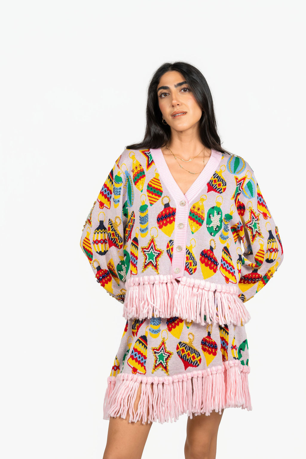Sample Light Pink Ornament Cardigan & Fringe Skirt Set