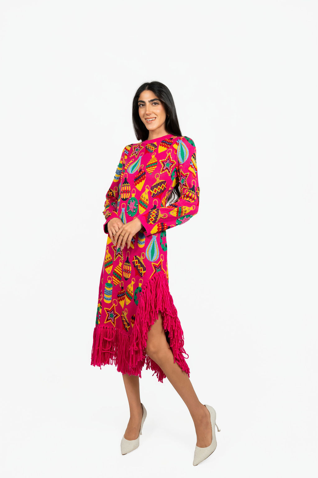 Sample Hot Pink Ornament Long Sleeve Sweater Dress