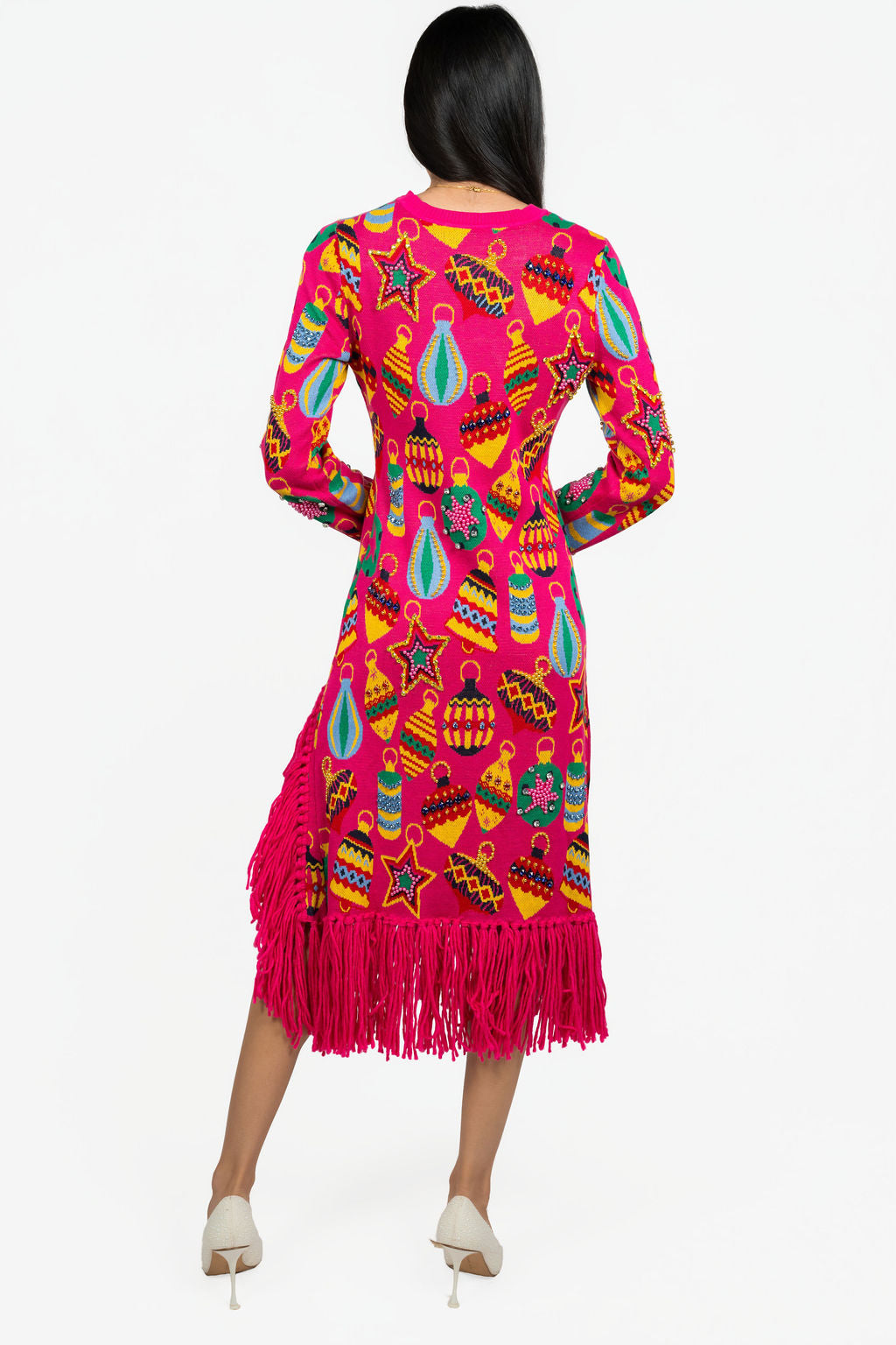 Sample Hot Pink Ornament Long Sleeve Sweater Dress