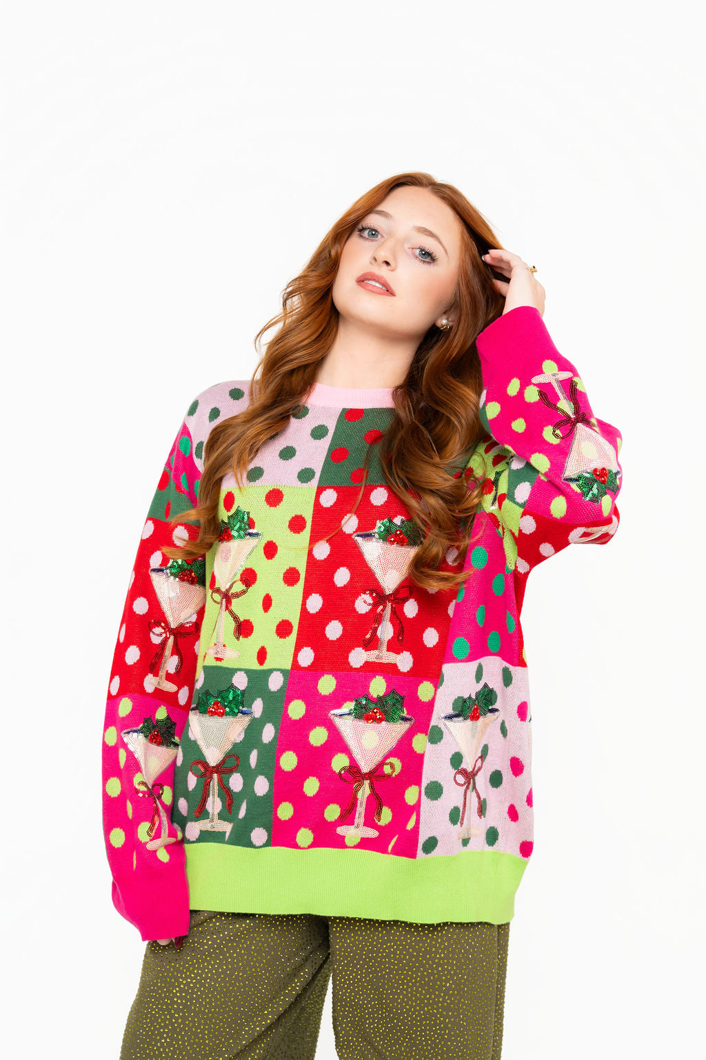 Rainbow Colorblock Polka Dot Christmas Martini Sweater