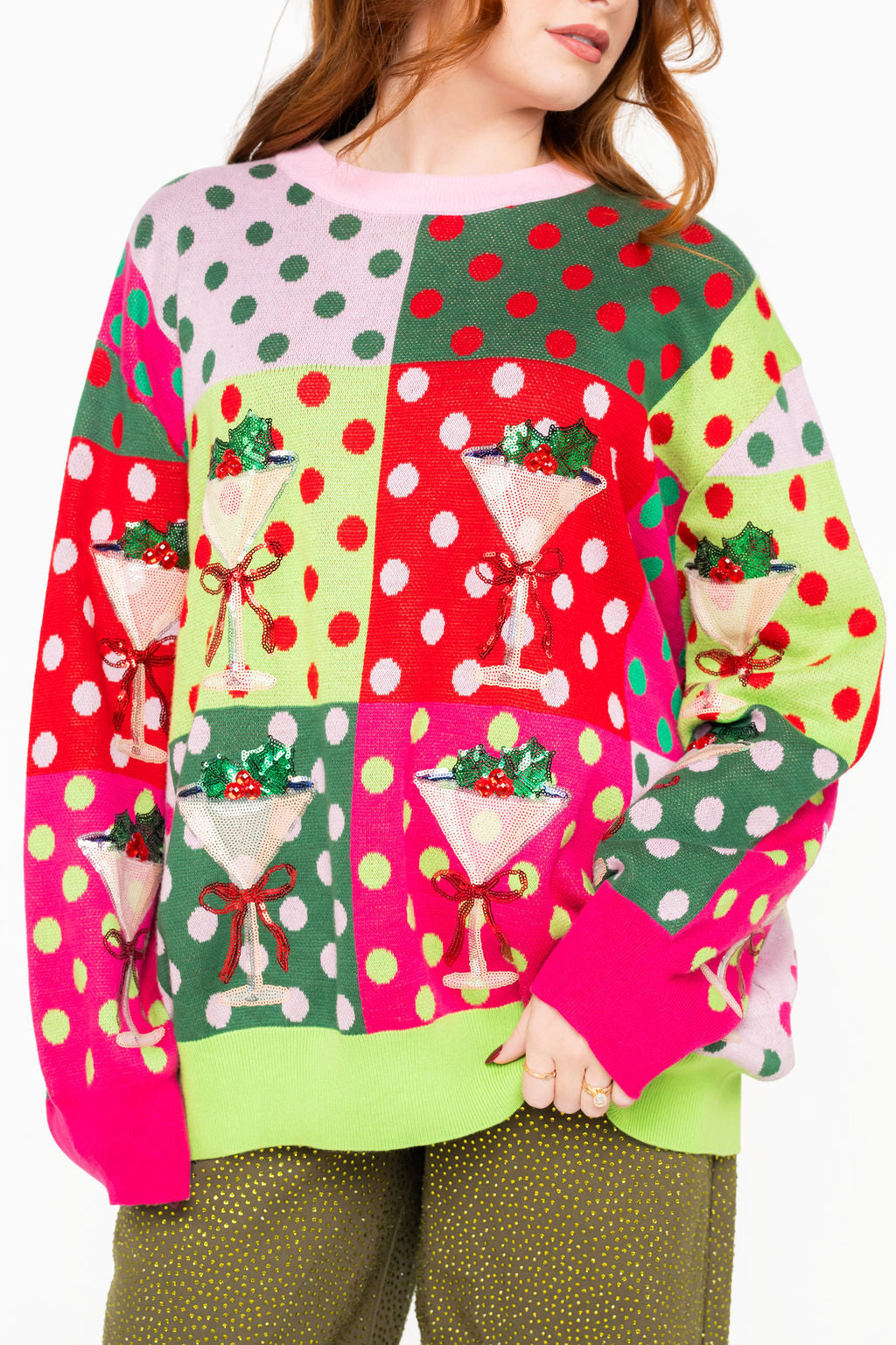 Rainbow Colorblock Polka Dot Christmas Martini Sweater