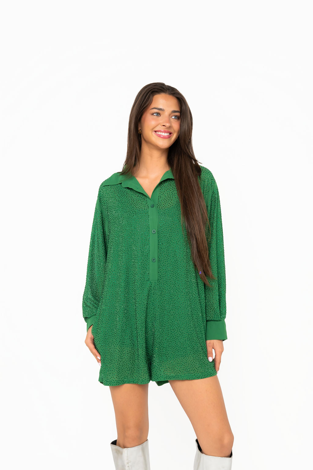 Green Rhinestone Button Up Romper