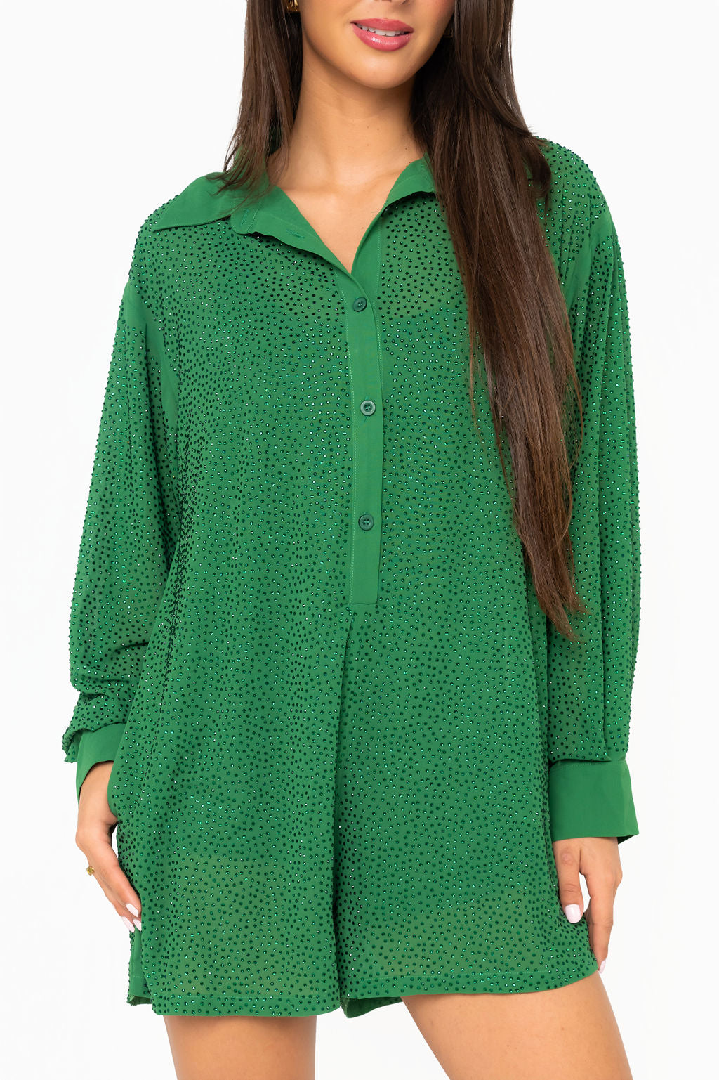 Green Rhinestone Button Up Romper