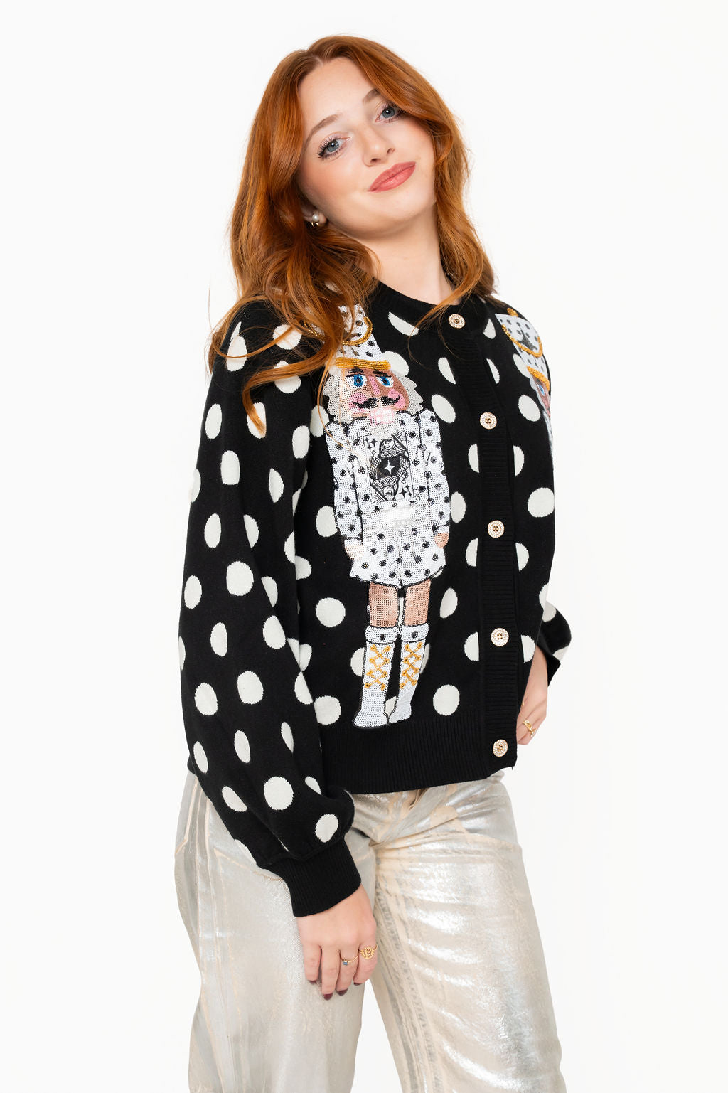 Black & White Polka Dot Nutcracker in QOS Button Up Cardigan