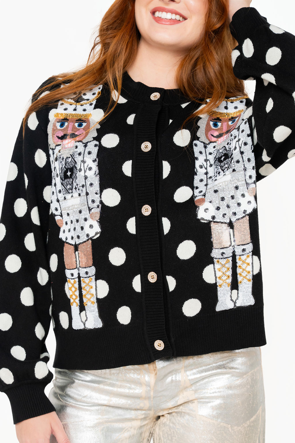 Black & White Polka Dot Nutcracker in QOS Button Up Cardigan