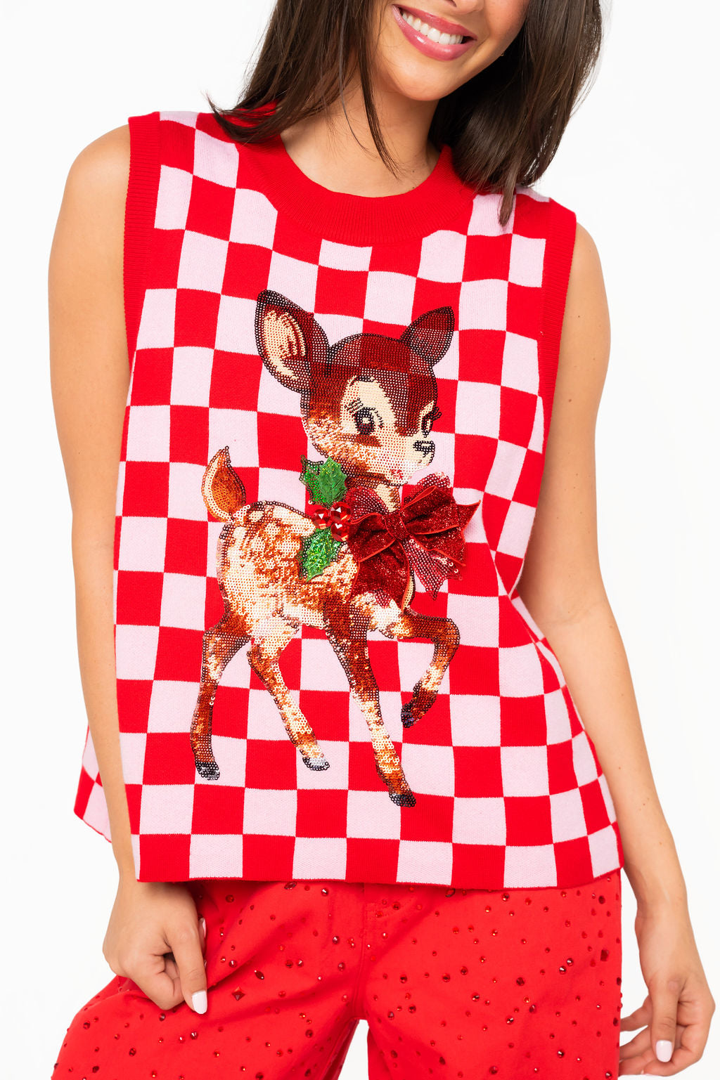 Red & Pink Checkered Reindeer Knit Vest