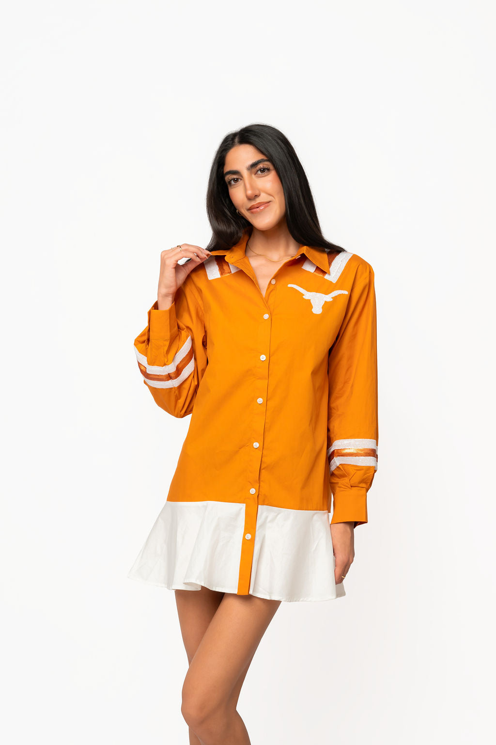 Licensed Texas Mascot Pocket Jersey Cotton Long Sleeve Ruffle Dress – Queen of Sparkles