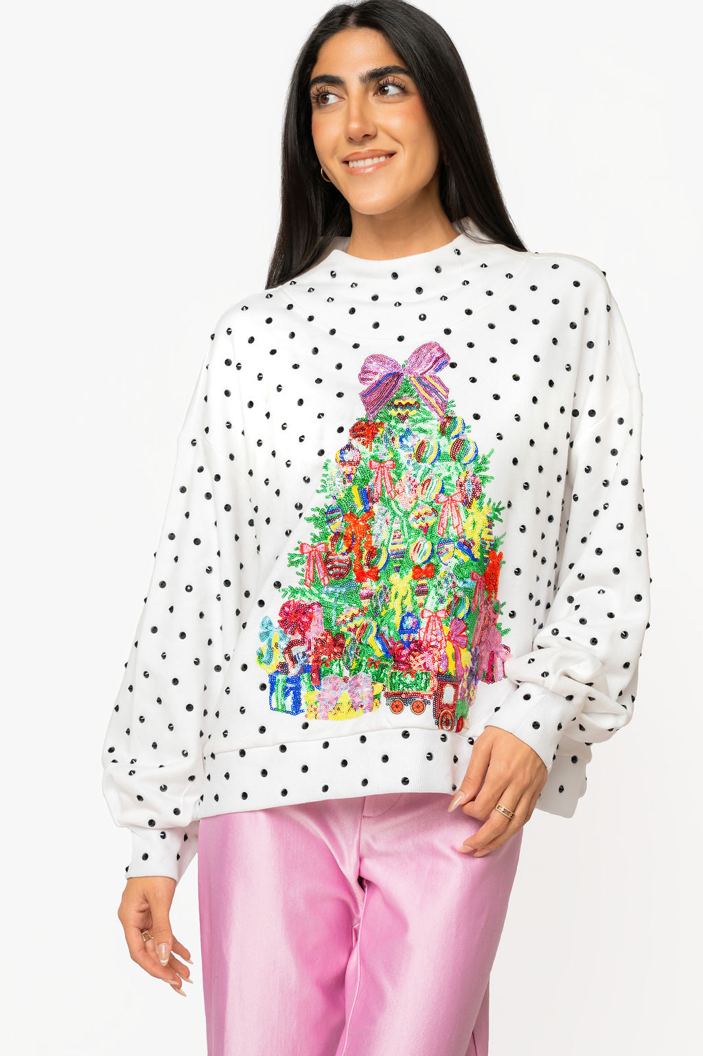 White & Black Polka Dot Multi Christmas Tree Mockneck Sweatshirt