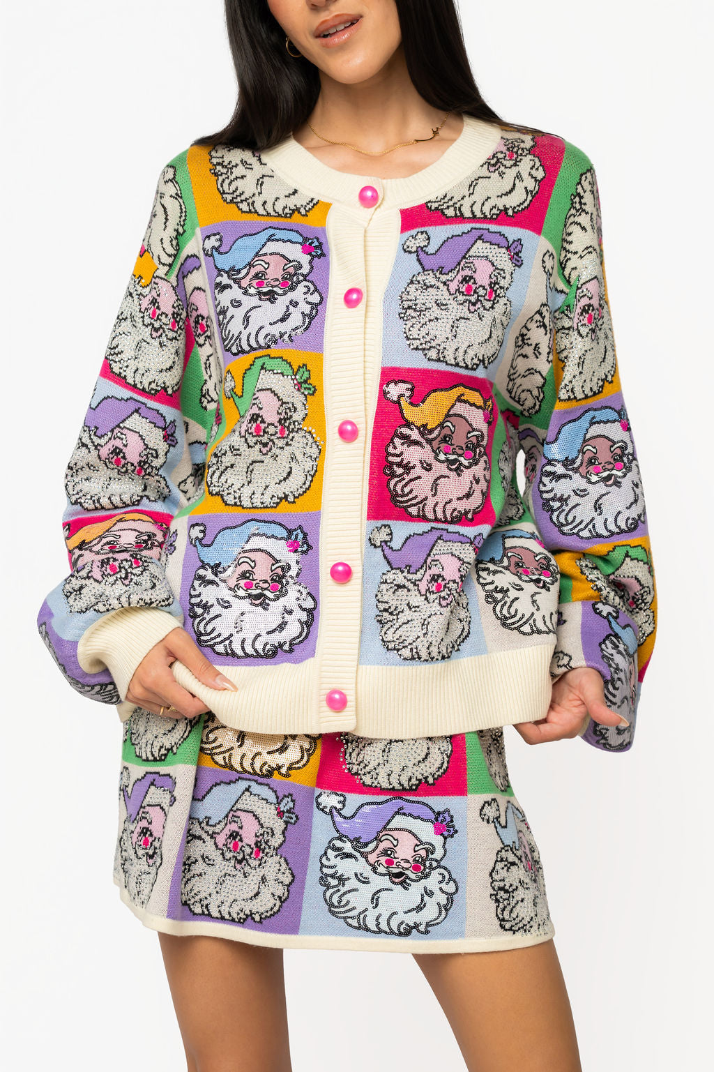 Pastel Colorblock Santa Button Up Cardigan
