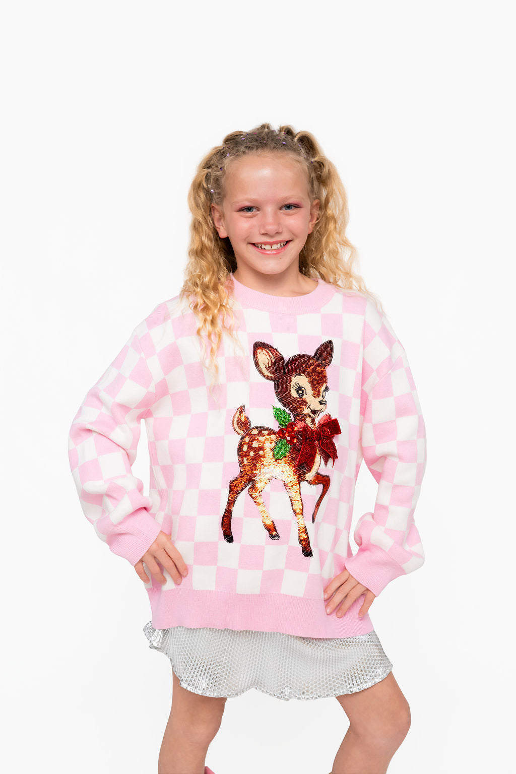 Kids Pink & White Checkered Reindeer Sweater