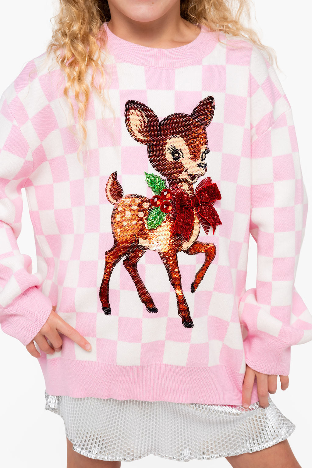 Kids Pink & White Checkered Reindeer Sweater