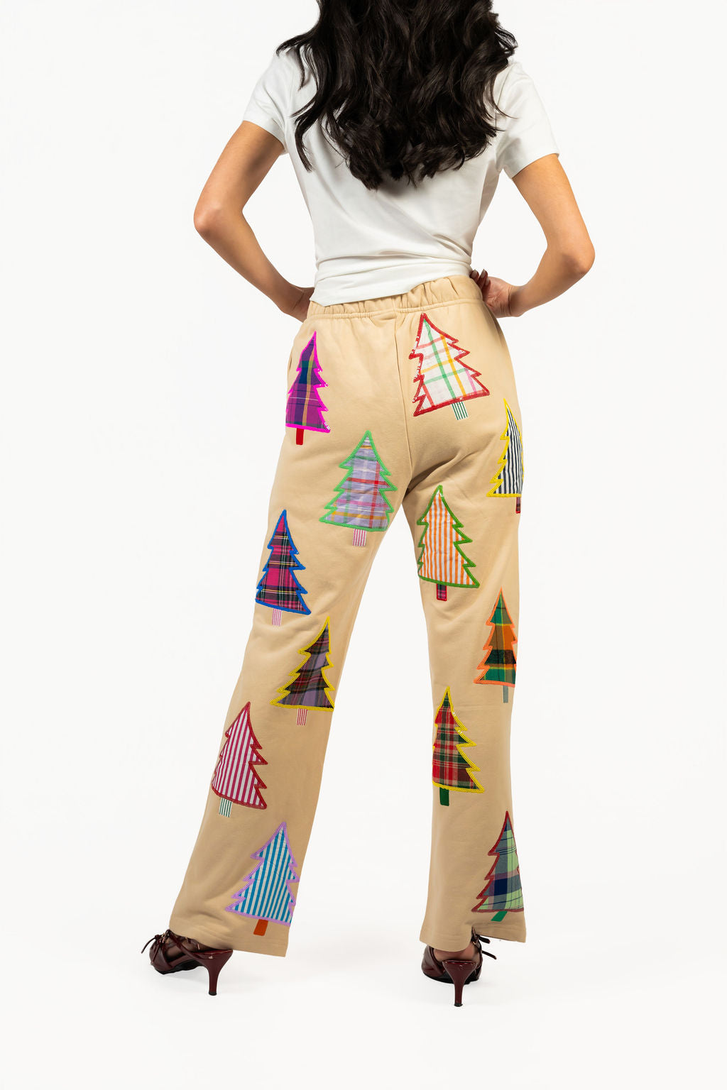 Sample Beige Multi Plaid & Stripe Christmas Tree Sweatpant