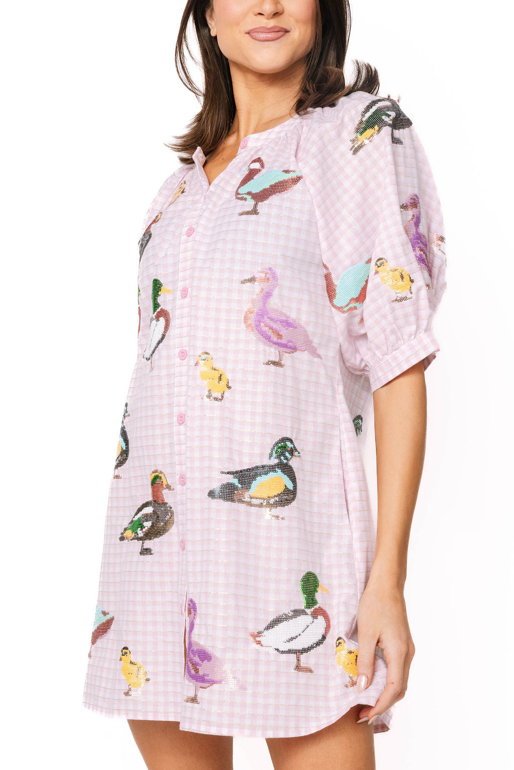 Light Pink Gingham Scattered Duck Button Up Cotton Dress  Queen of Sparkles