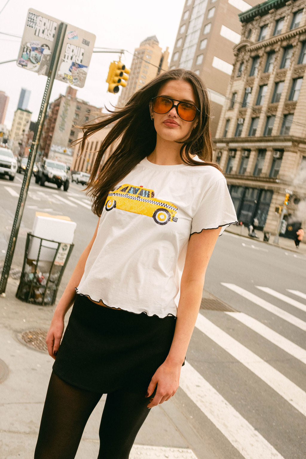 White & Yellow Taxi Ruffle Baby Tee