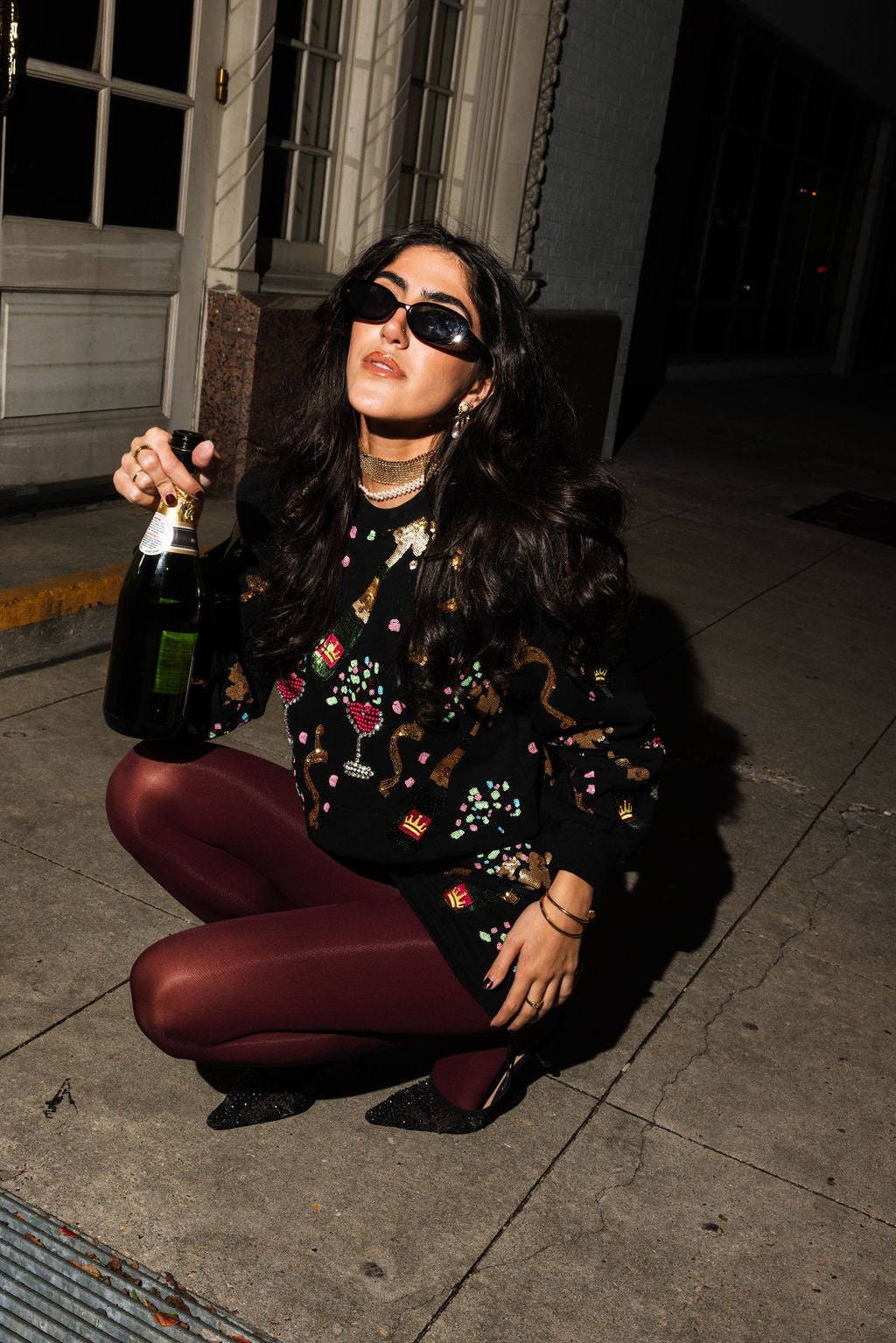 Black Multi Champagne Bottle And Coupe Cropped Sweatshirt