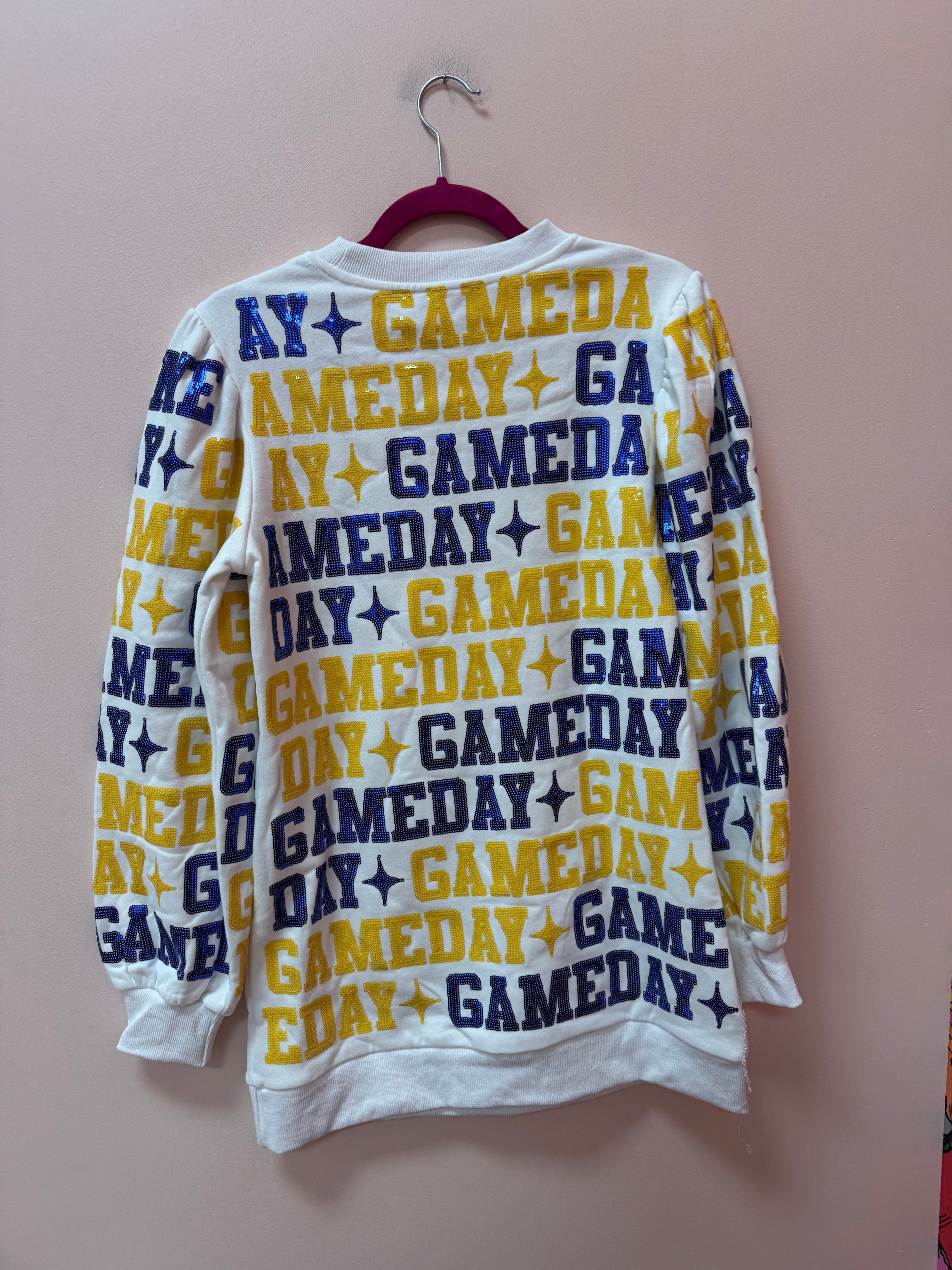 SAMPLE- WHITE, NAVY & YELLOW 'GAMEDAY' ALL OVER SWEATSHIRT DRESS