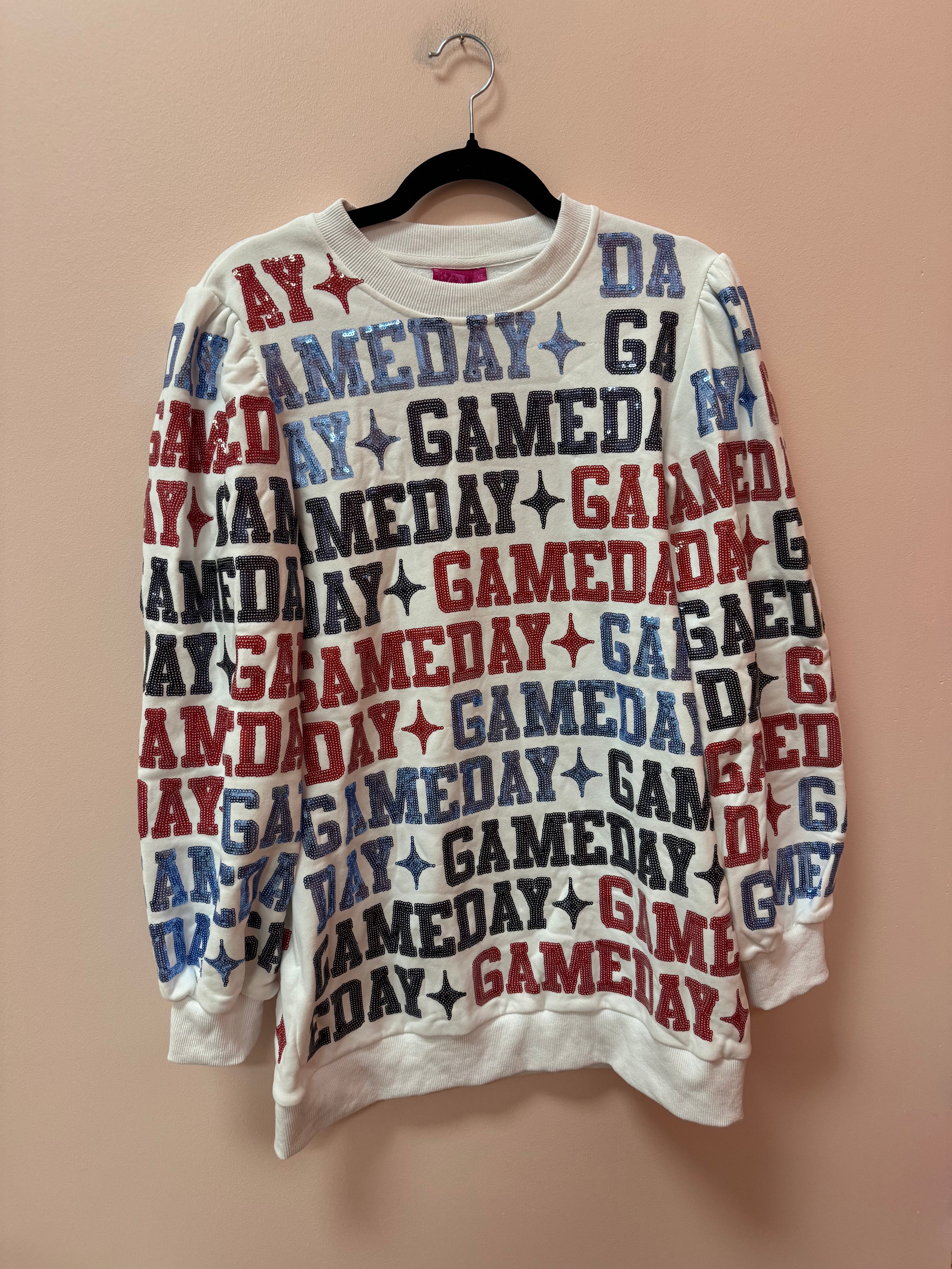 SAMPLE- WHITE, POWDER BLUE, NAVY & RED 'GAMEDAY' ALL OVER SWEATSHIRT DRESS