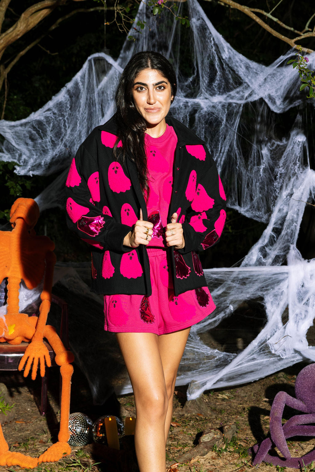 Black & Hot Pink Fuzzy Ghost Shacket