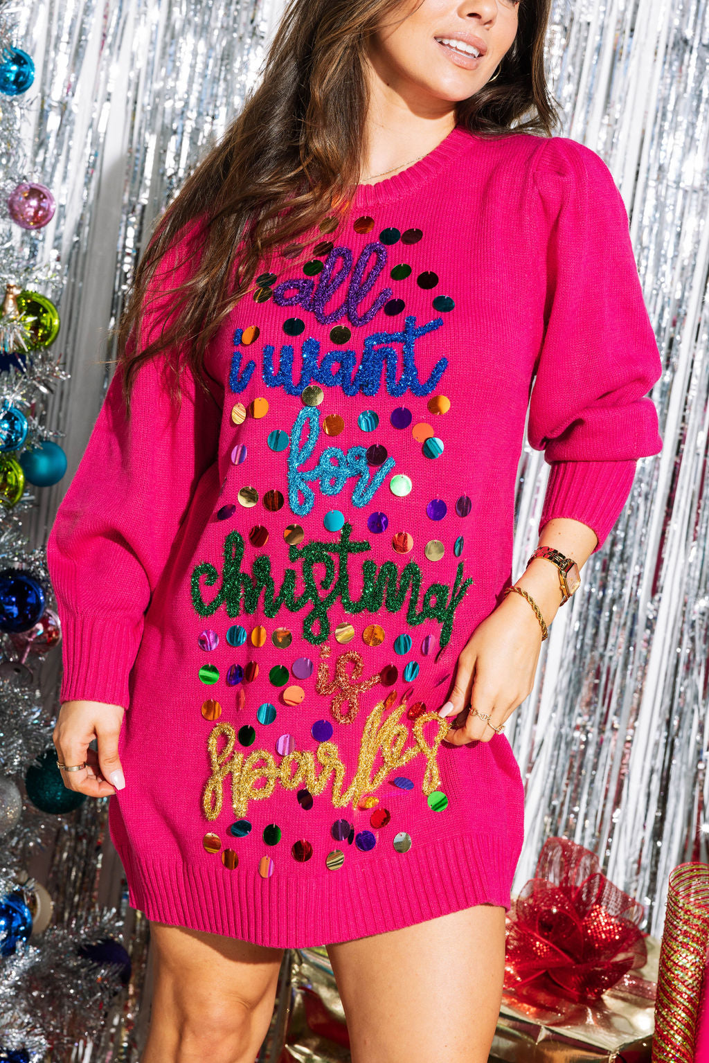 Pink Pailette 'All I Want For Christmas is Sparkles' Sweater Dress