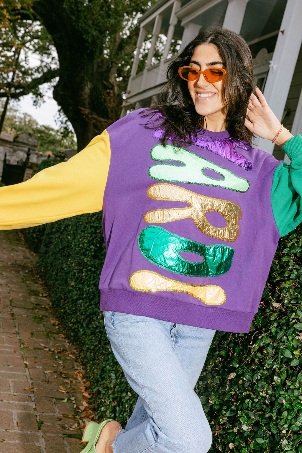 Colorblock Mardi Gras Word Queen – Foil Sweatshirt of Sparkles