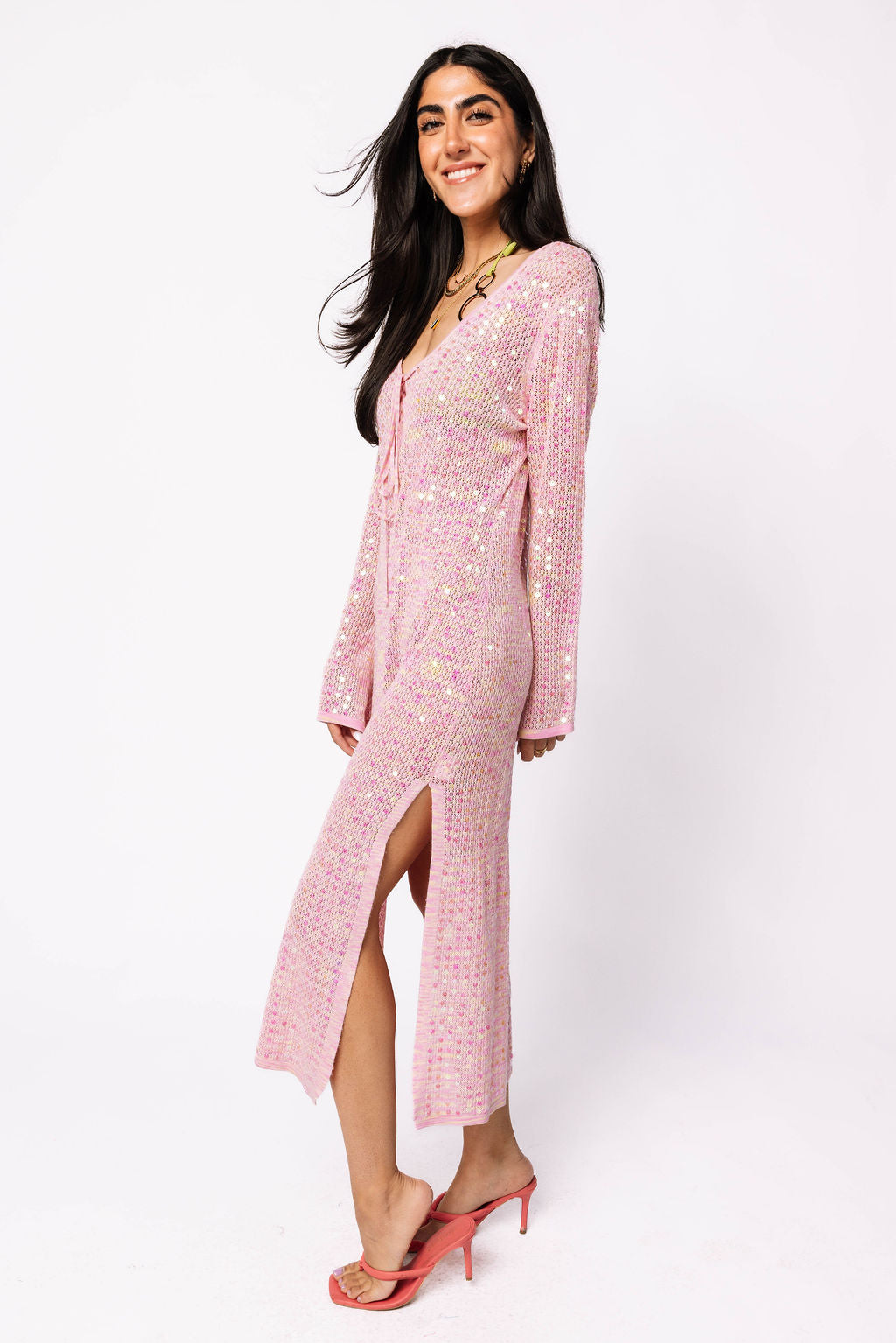 Pink Full Sequin Knit Tie Long Sleeve Midi Coverup – Queen of Sparkles Pink Full Sequin Knit Tie Long Sleeve Midi Coverup – Queen of Sparkles