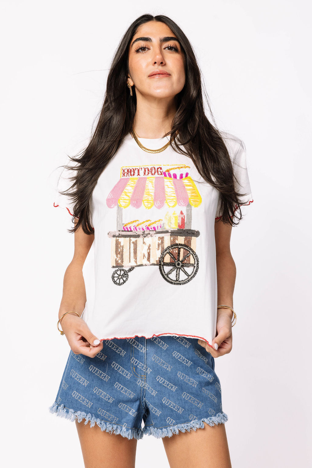 Light Wash Denim Clear Rhinestone Queen Short