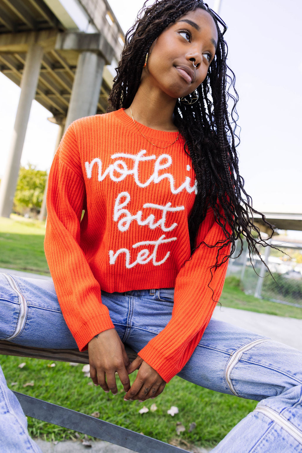 Dark Orange 'Nothin But Net' Glitter Script Sweater