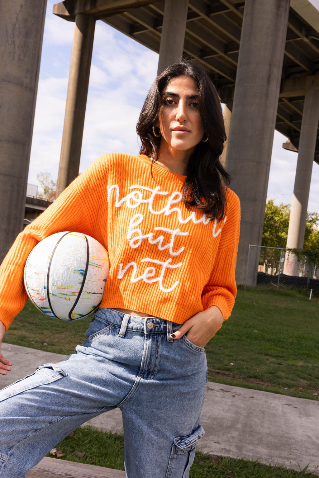 Bright Orange 'Nothin But Net' Glitter Script Sweater