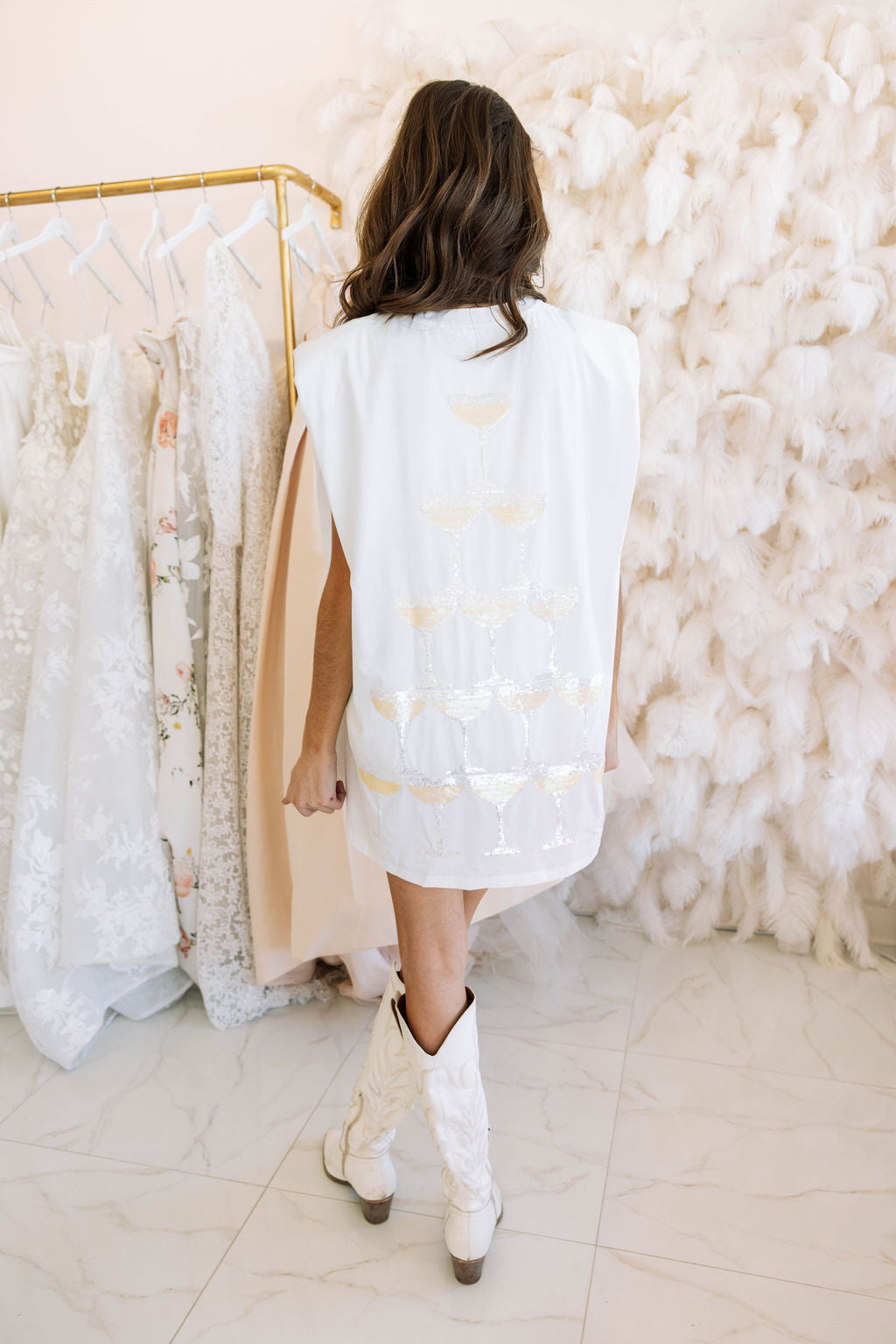 White Champagne Tower Shoulder Pad Dress