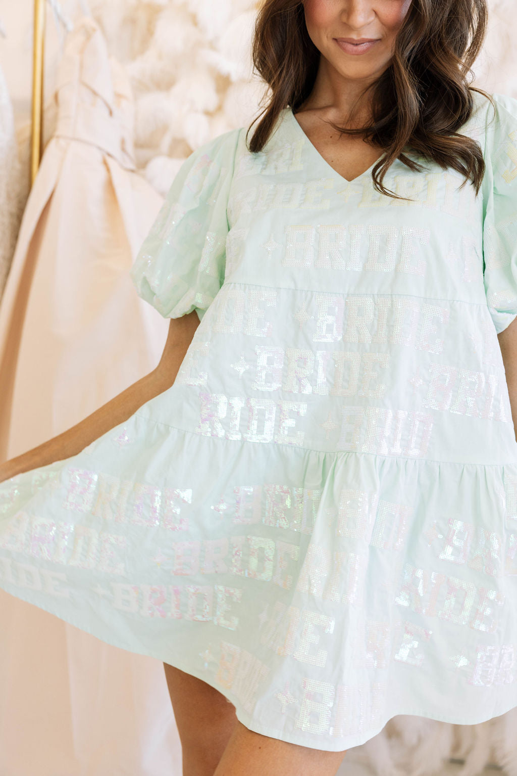 Mint Bride All Over Poof Sleeve Dress