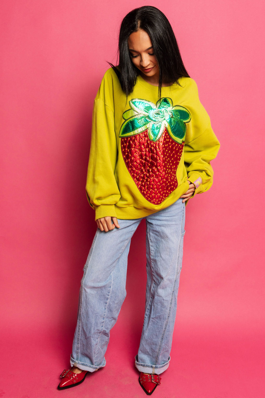 Lime Green Metallic Strawberry Sweatshirt