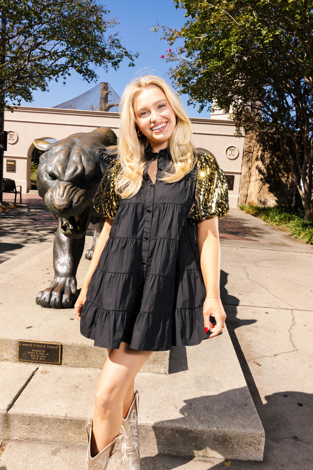 Black Sequin Tiger Sleeve Tiered Cotton Dress