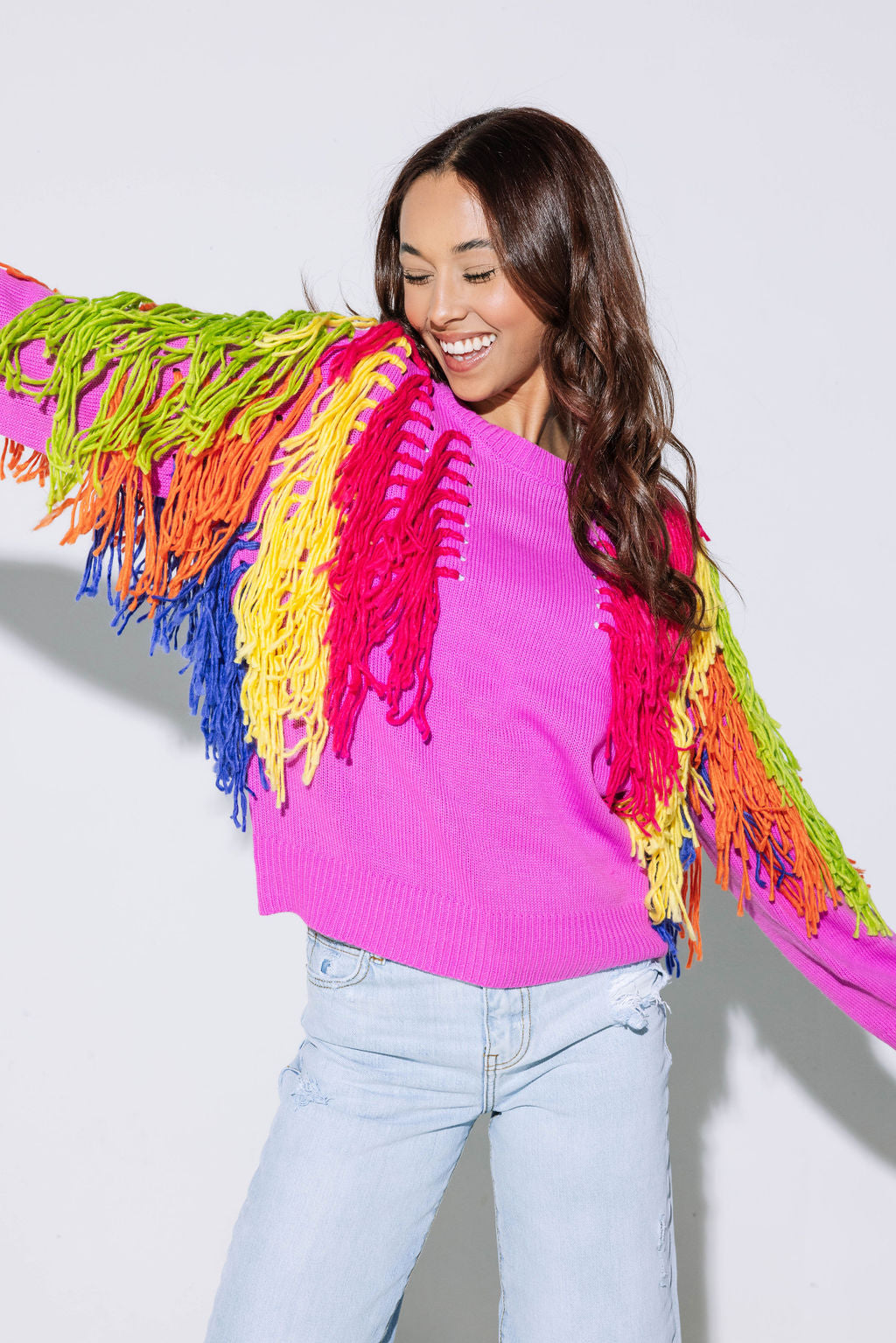 Pink & Rainbow Fringe Sweater