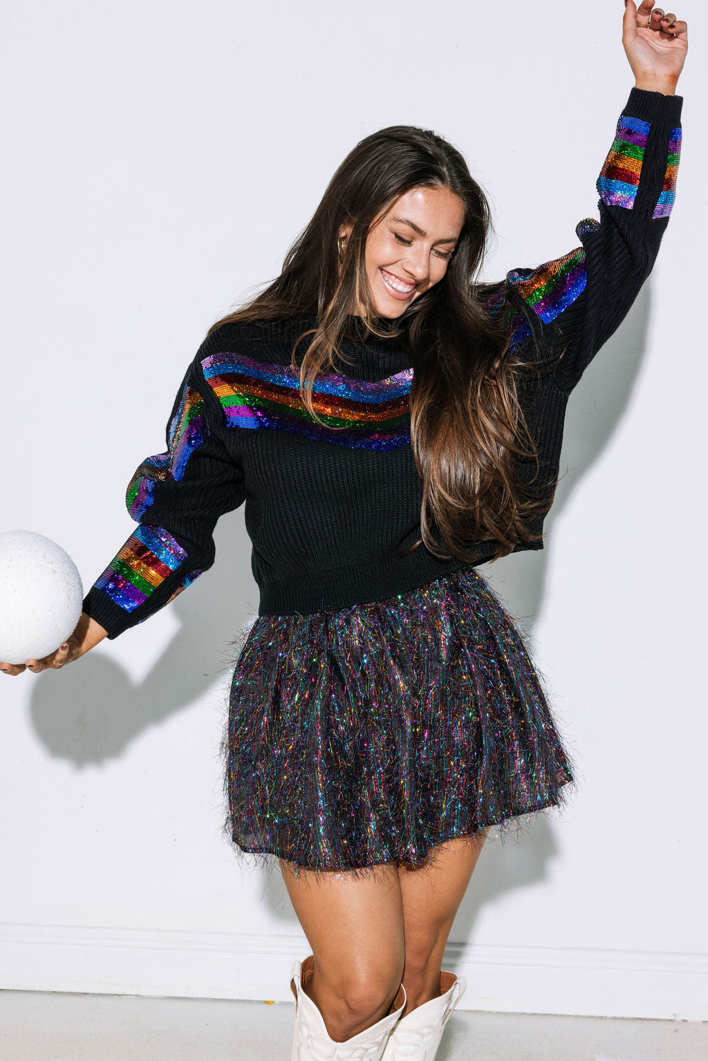 Black Rainbow Sequin Stripe Sweater